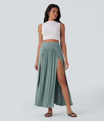 Ribbed High Waisted Tummy Control Draped 2-in-1 Maxi Casual Skirt