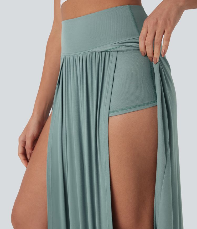 Ribbed High Waisted Tummy Control Draped 2-in-1 Maxi Casual Skirt