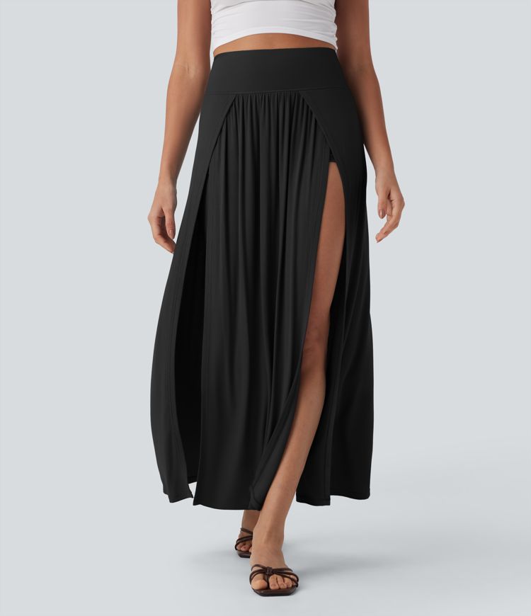Ribbed High Waisted Tummy Control Draped 2-in-1 Maxi Casual Skirt