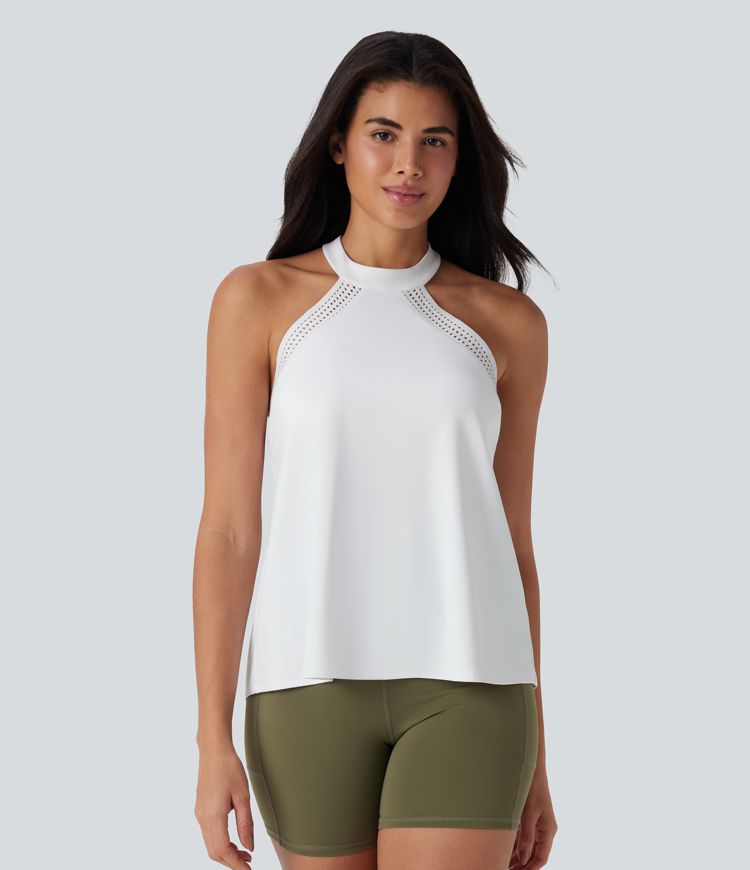 Top de yoga Softlyzero™ Airy halter drapeado con espalda abierta y tacto fresco - UPF50+