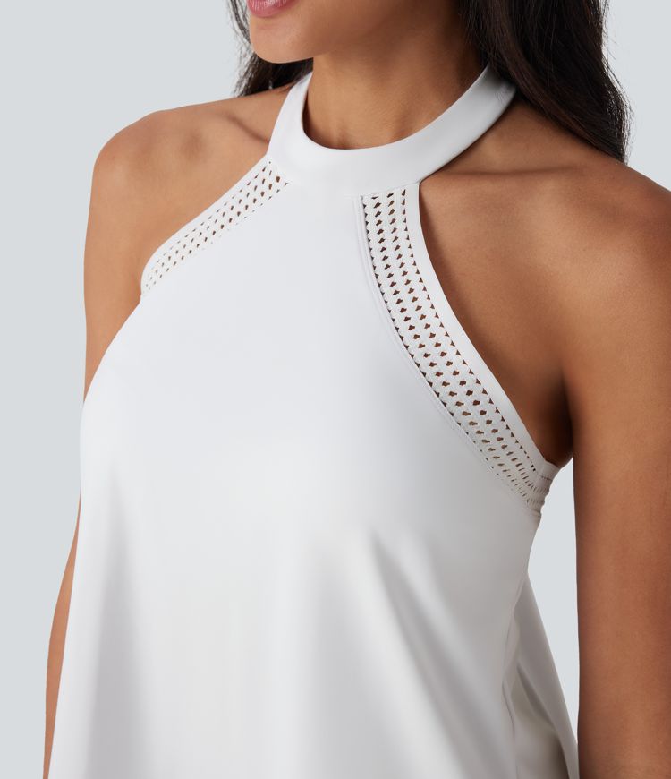 Top de yoga Softlyzero™ Airy halter drapeado con espalda abierta y tacto fresco - UPF50+