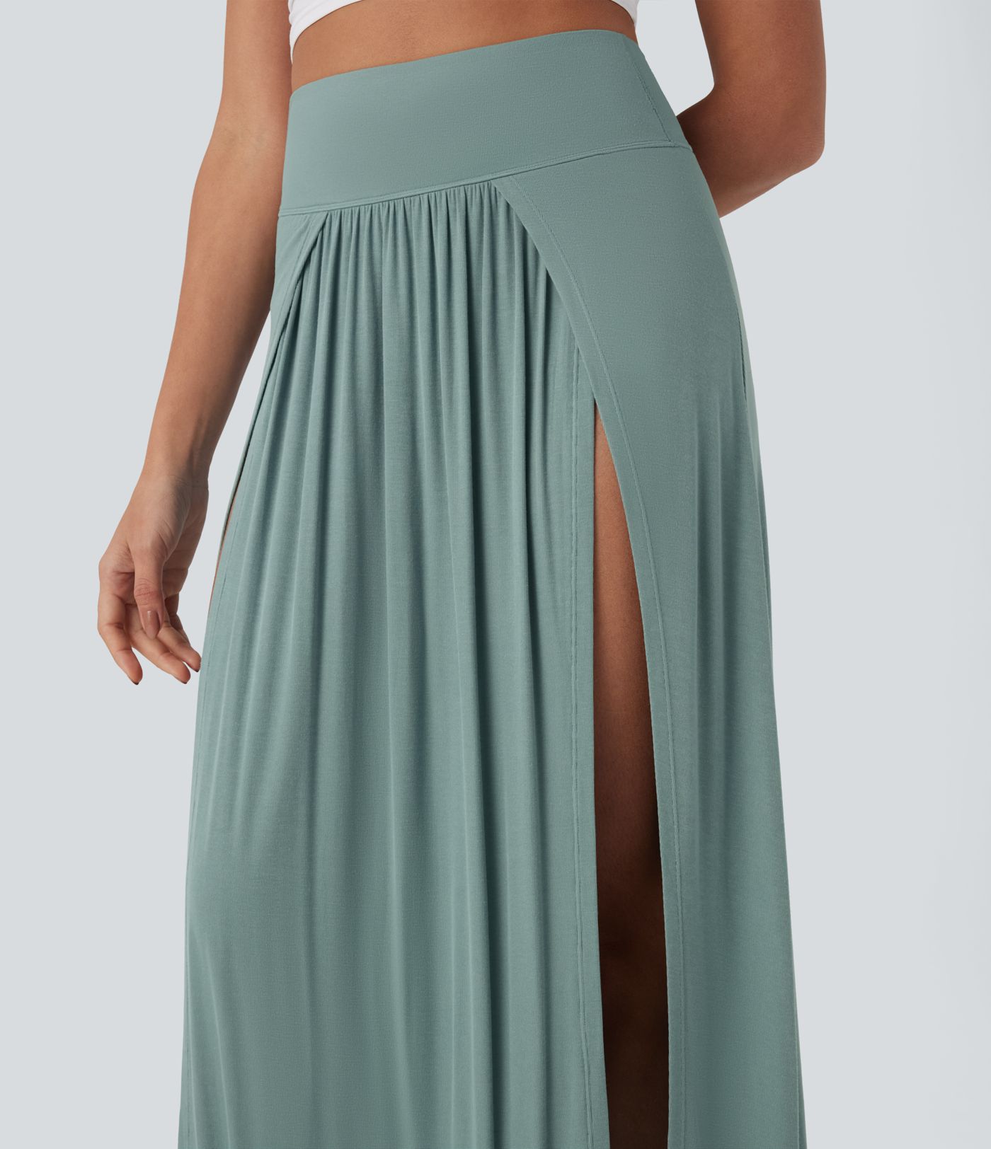 Ribbed High Waisted Tummy Control Draped 2-in-1 Maxi Casual Skirt