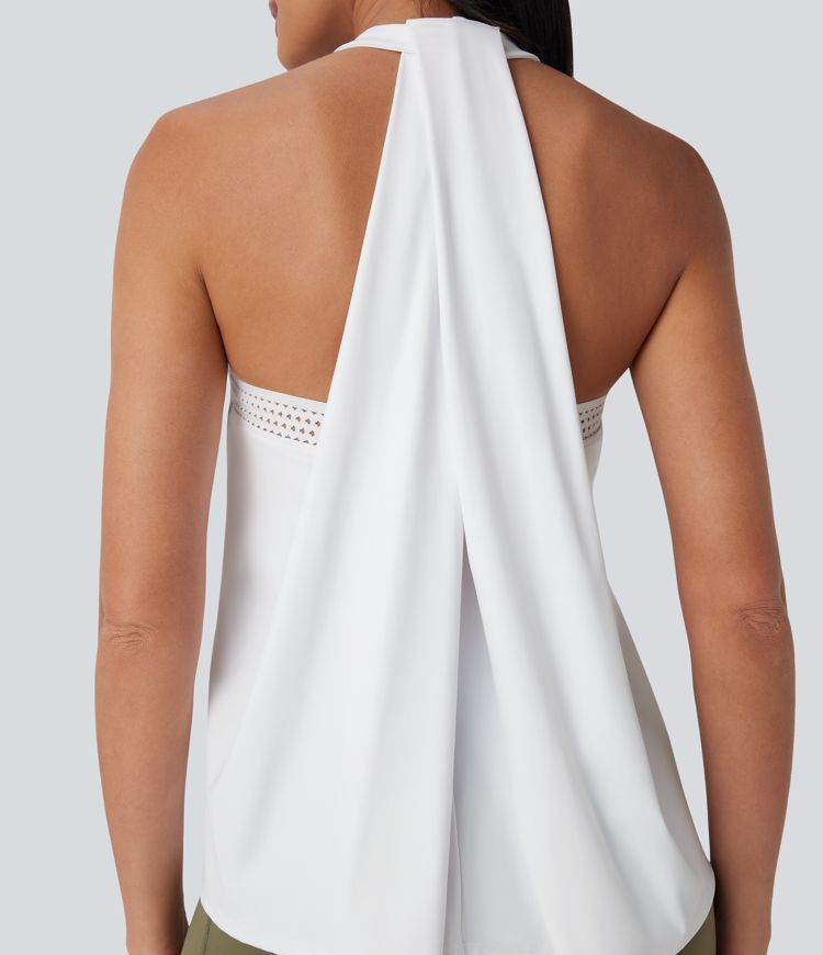 Top de yoga Softlyzero™ Airy halter drapeado con espalda abierta y tacto fresco - UPF50+