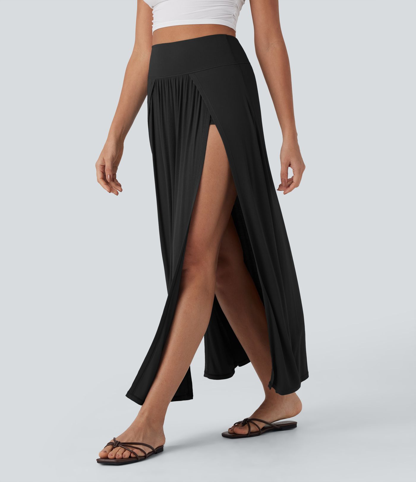 Ribbed High Waisted Tummy Control Draped 2-in-1 Maxi Casual Skirt