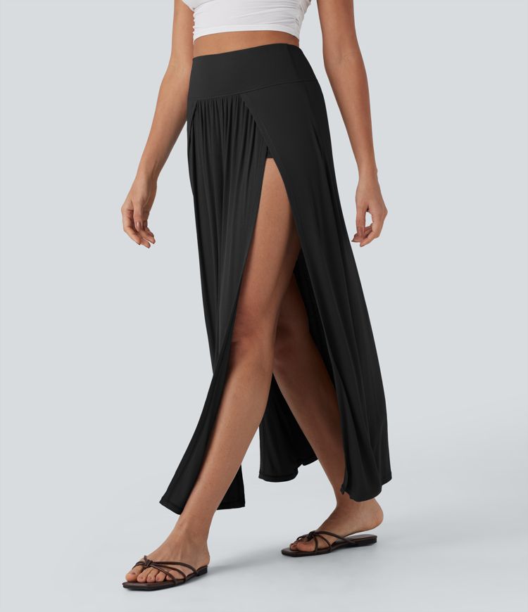 Ribbed High Waisted Tummy Control Draped 2-in-1 Maxi Casual Skirt