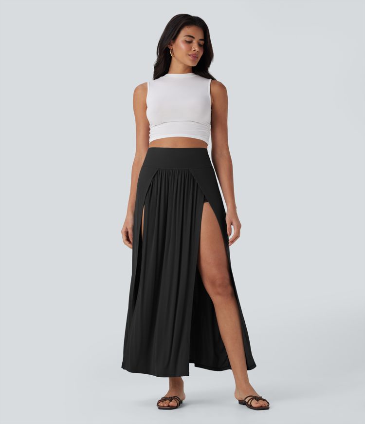 Ribbed High Waisted Tummy Control Draped 2-in-1 Maxi Casual Skirt