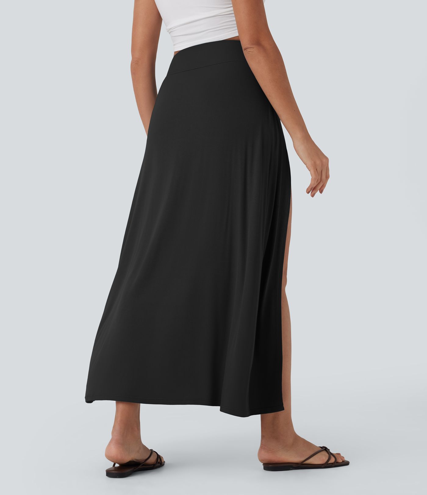 Ribbed High Waisted Tummy Control Draped 2-in-1 Maxi Casual Skirt