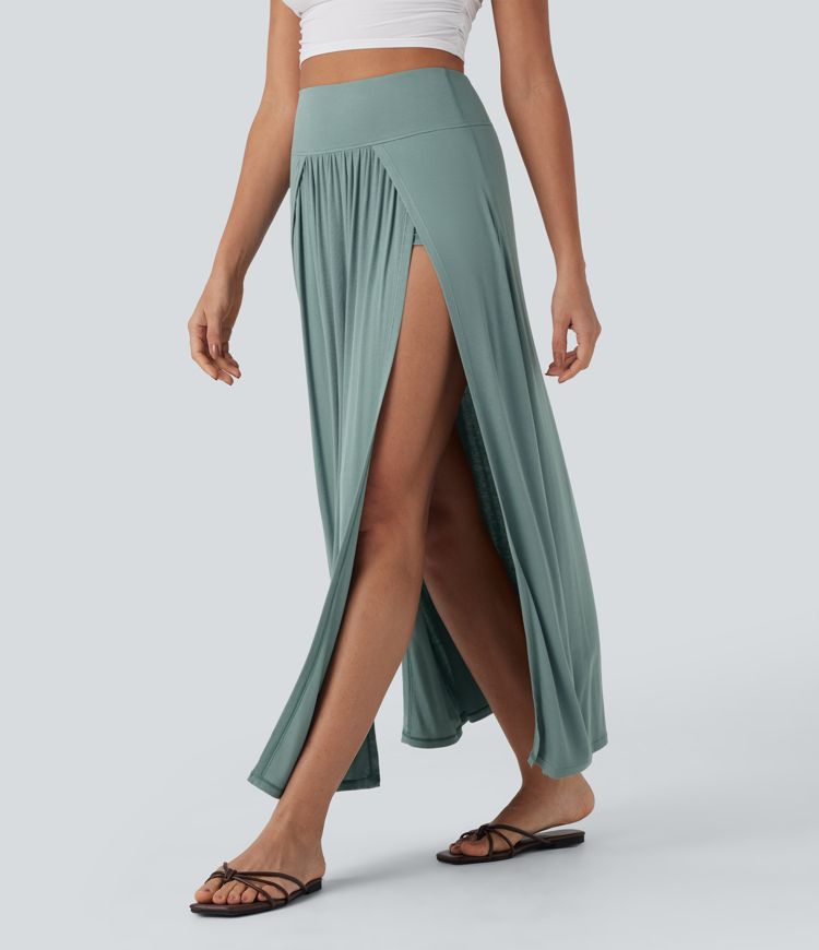 Ribbed High Waisted Tummy Control Draped 2-in-1 Maxi Casual Skirt
