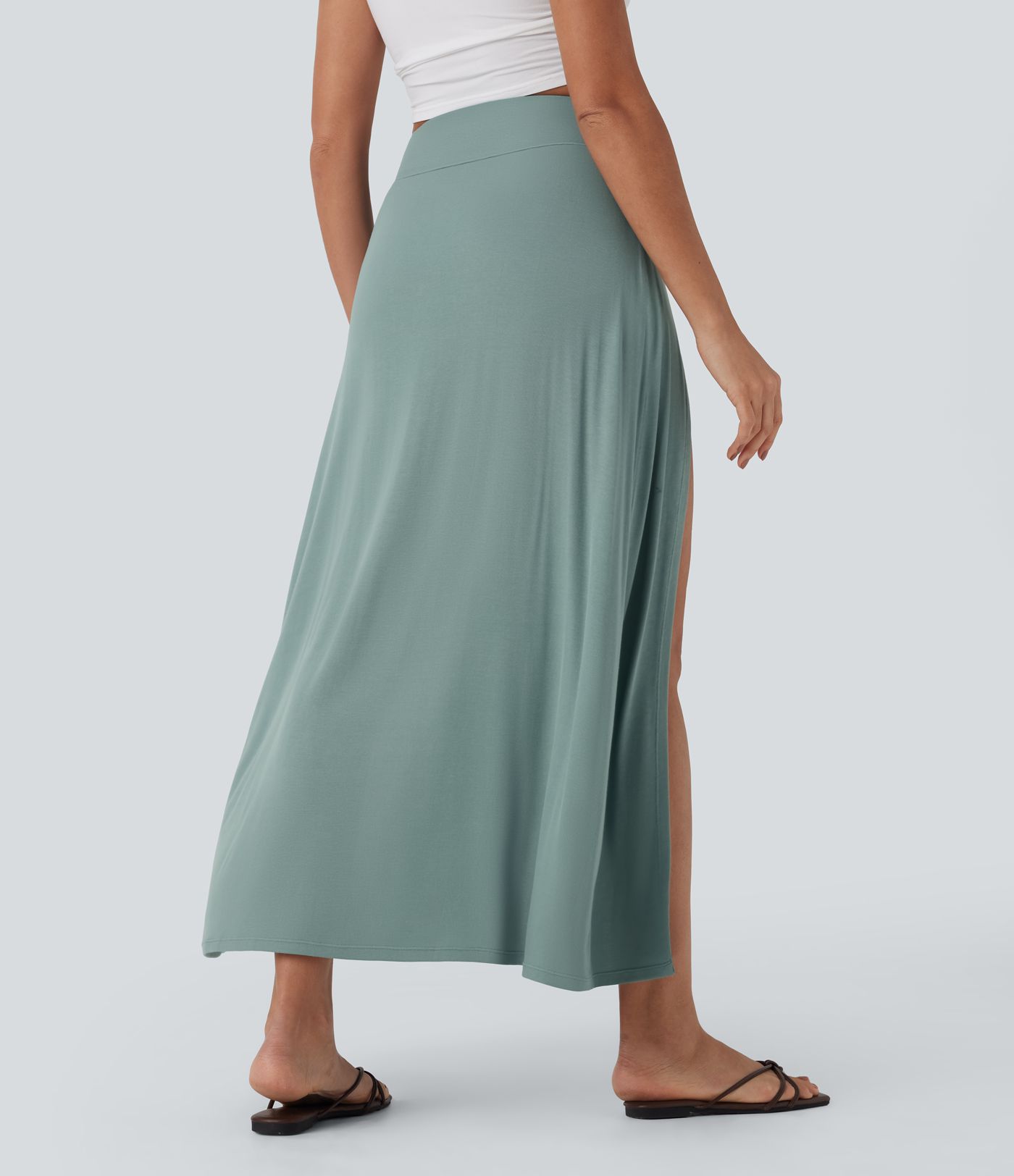 Ribbed High Waisted Tummy Control Draped 2-in-1 Maxi Casual Skirt