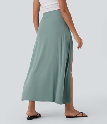 Ribbed High Waisted Tummy Control Draped 2-in-1 Maxi Casual Skirt