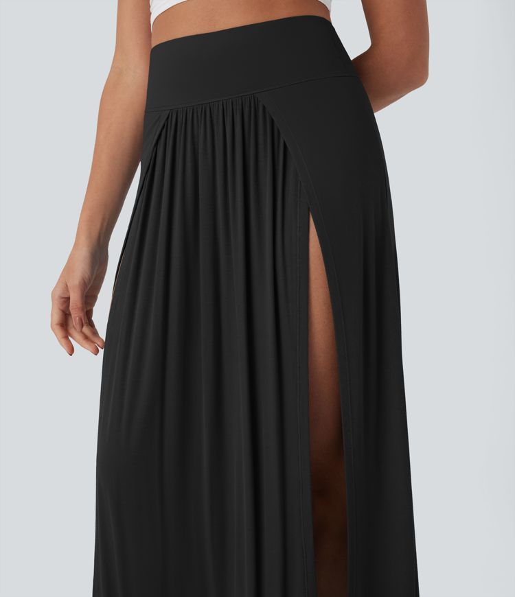 Ribbed High Waisted Tummy Control Draped 2-in-1 Maxi Casual Skirt