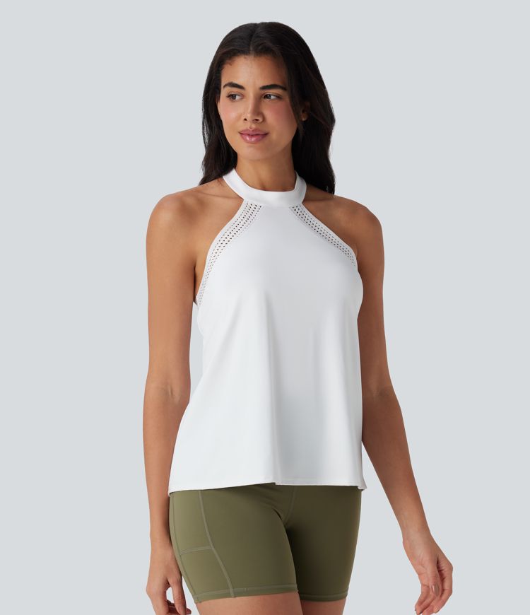 Top de yoga Softlyzero™ Airy halter drapeado con espalda abierta y tacto fresco - UPF50+