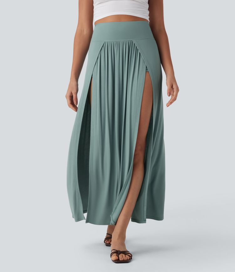 Clear Green Ribbed High Waisted Tummy Control Draped 2-in-1 Maxi Casual Skirt / 1