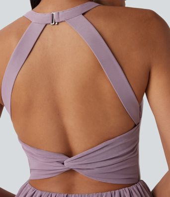 Minivestido de baile 2 en 1 con malla retorcida, espalda abierta y bolsillo lateral Minivestido de baile 2 en 1 con malla retorcida, espalda abierta y bolsillo lateral