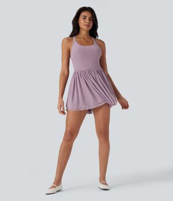 Minivestido de baile 2 en 1 con malla retorcida, espalda abierta y bolsillo lateral Minivestido de baile 2 en 1 con malla retorcida, espalda abierta y bolsillo lateral