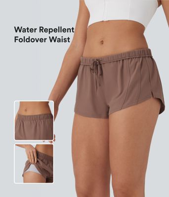 Water Repellent Foldover Low waist Drawstring 2-in-1 Twill Running Micro Shorts with Pocket