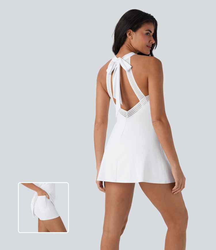 Vestido corto de yoga Softlyzero™ 2 en 1 fresco al tacto con espalda descubierta y bolsillo lateral con cierre de lazo UPF 50+