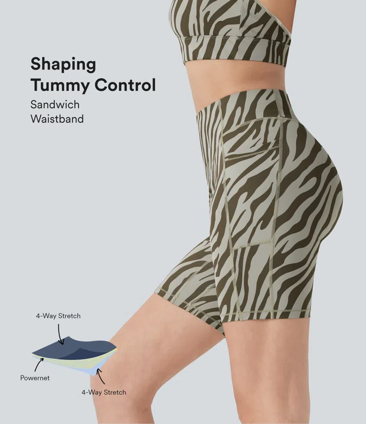 SoCinched High Waisted Tummy Control Zebra Print Training Biker Shorts 7'' with Pockets