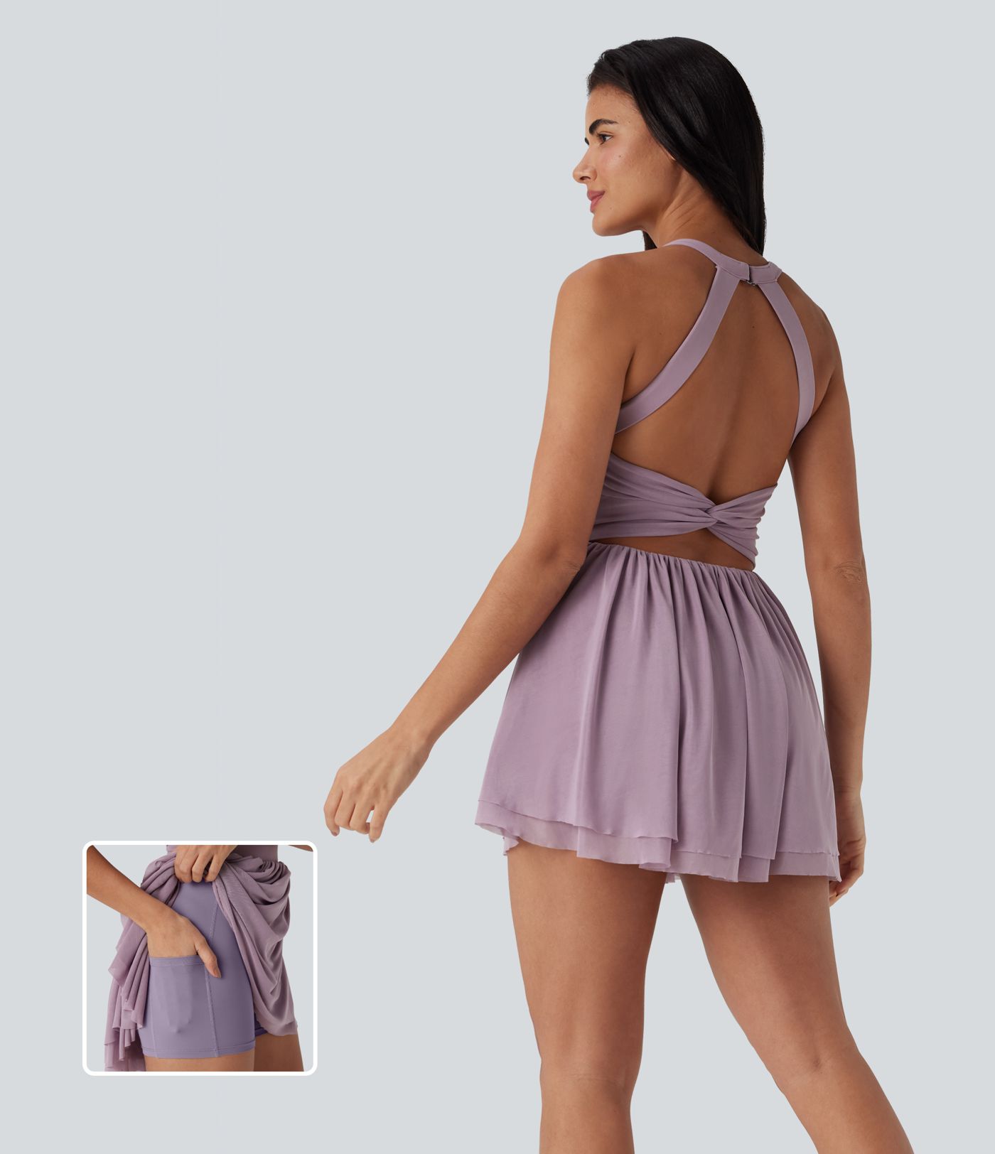Minivestido de baile 2 en 1 con malla retorcida, espalda abierta y bolsillo lateral Minivestido de baile 2 en 1 con malla retorcida, espalda abierta y bolsillo lateral