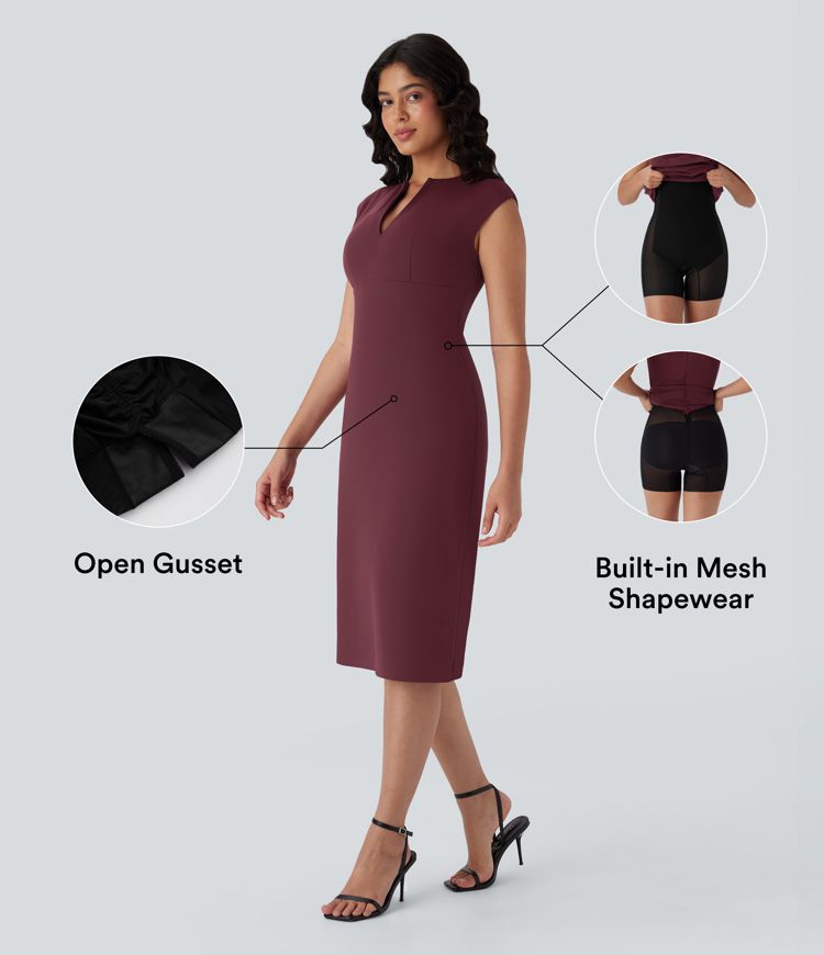 V-neck Zipper Split Bodycon Midi Work Built-in Mesh Shapewear Dress