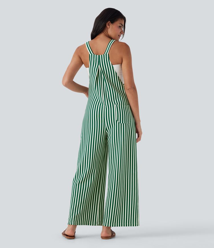 Pockets Stripe Waffle Overalls