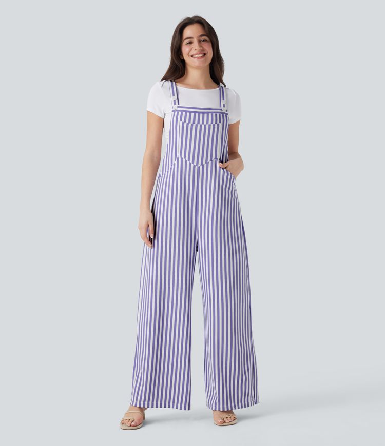 Pockets Stripe Waffle Overalls