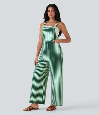 Pockets Stripe Waffle Overalls
