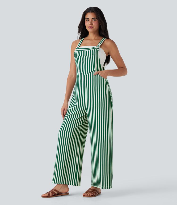 Pockets Stripe Waffle Overalls