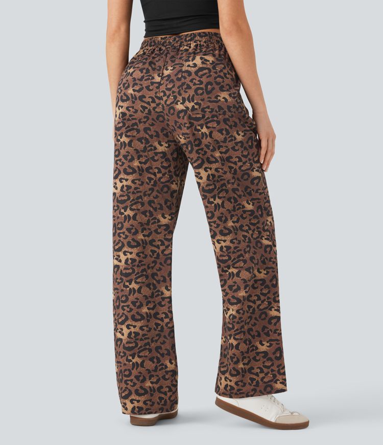 Freizeithose mit hohem Bund, Kordelzug, geradem Bein und Leopardenmuster, Taschen