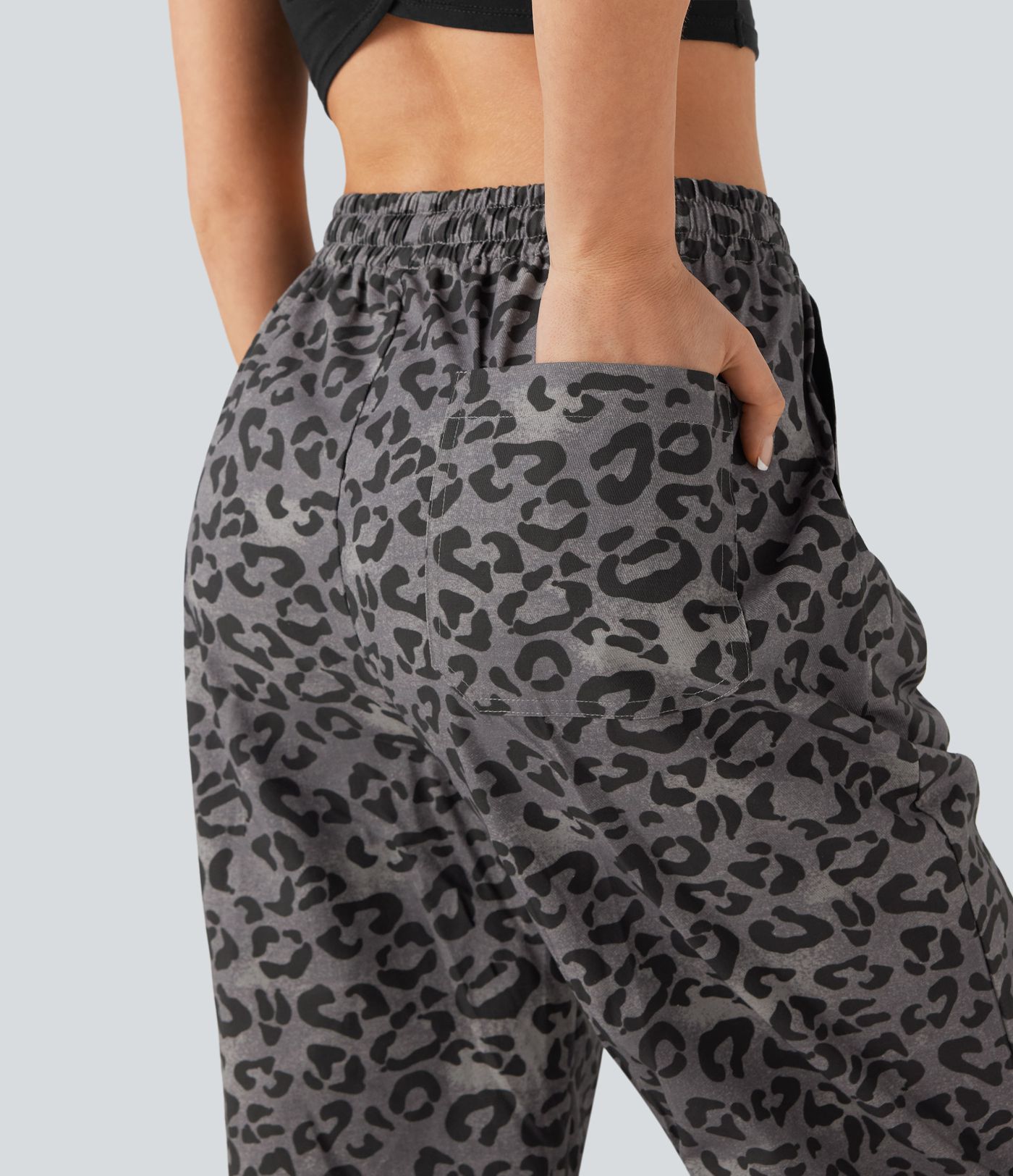 High Waisted Drawstring Straight Leg Leopard Print Casual Pants with Pockets
