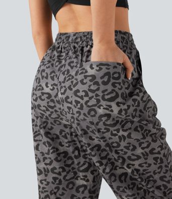 High Waisted Drawstring Straight Leg Leopard Print Casual Pants with Pockets