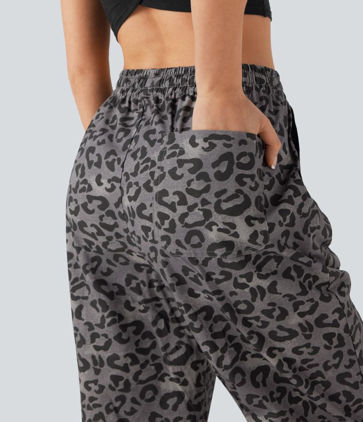 High Waisted Drawstring Straight Leg Leopard Print Casual Pants with Pockets