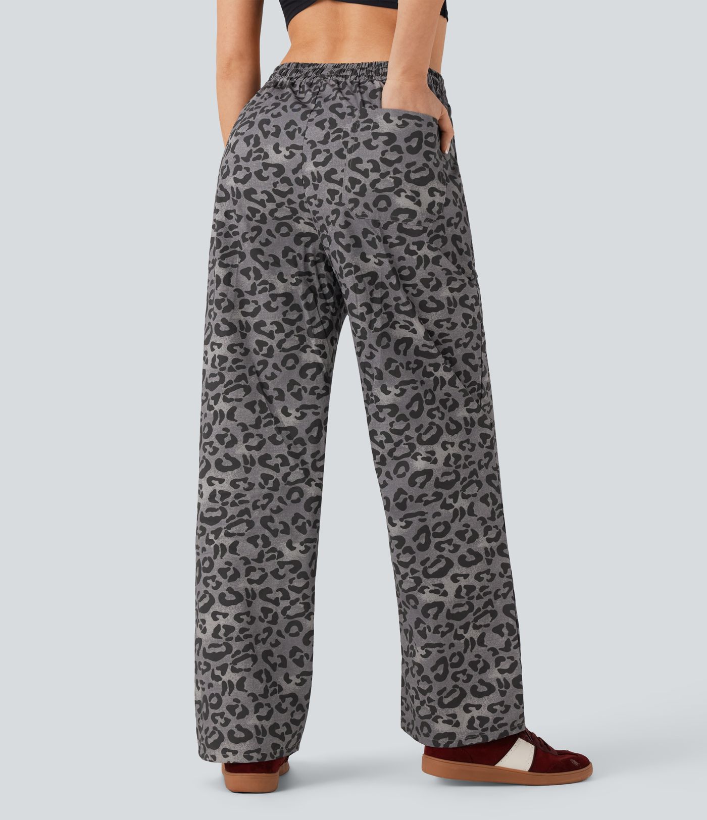 High Waisted Drawstring Straight Leg Leopard Print Casual Pants with Pockets