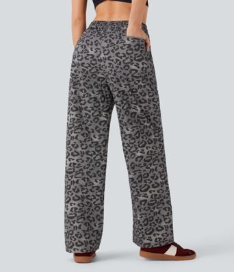 High Waisted Drawstring Straight Leg Leopard Print Casual Pants with Pockets