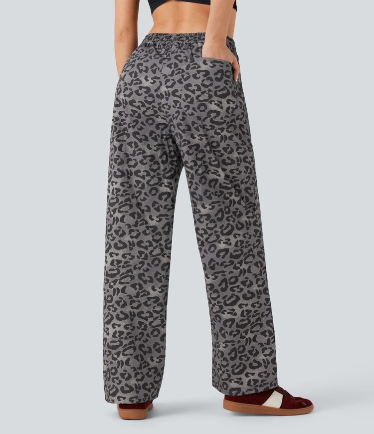 High Waisted Drawstring Straight Leg Leopard Print Casual Pants with Pockets