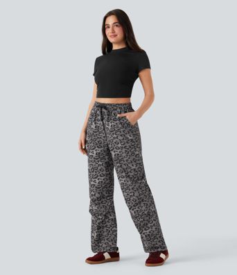 High Waisted Drawstring Straight Leg Leopard Print Casual Pants with Pockets