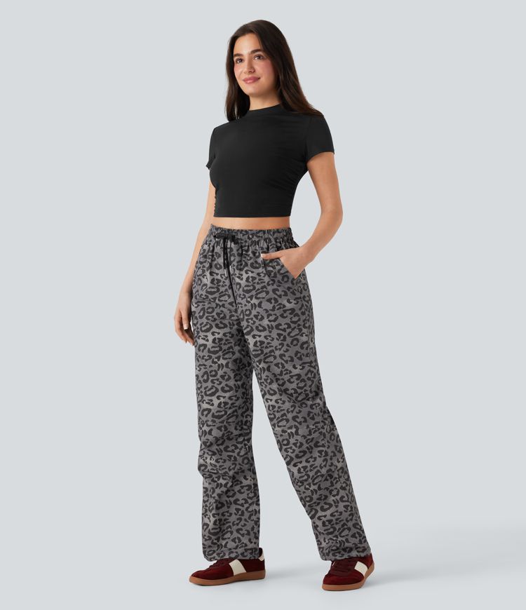 High Waisted Drawstring Straight Leg Leopard Print Casual Pants with Pockets
