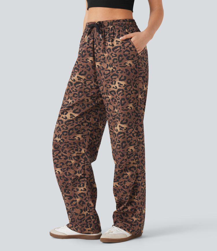 Freizeithose mit hohem Bund, Kordelzug, geradem Bein und Leopardenmuster, Taschen