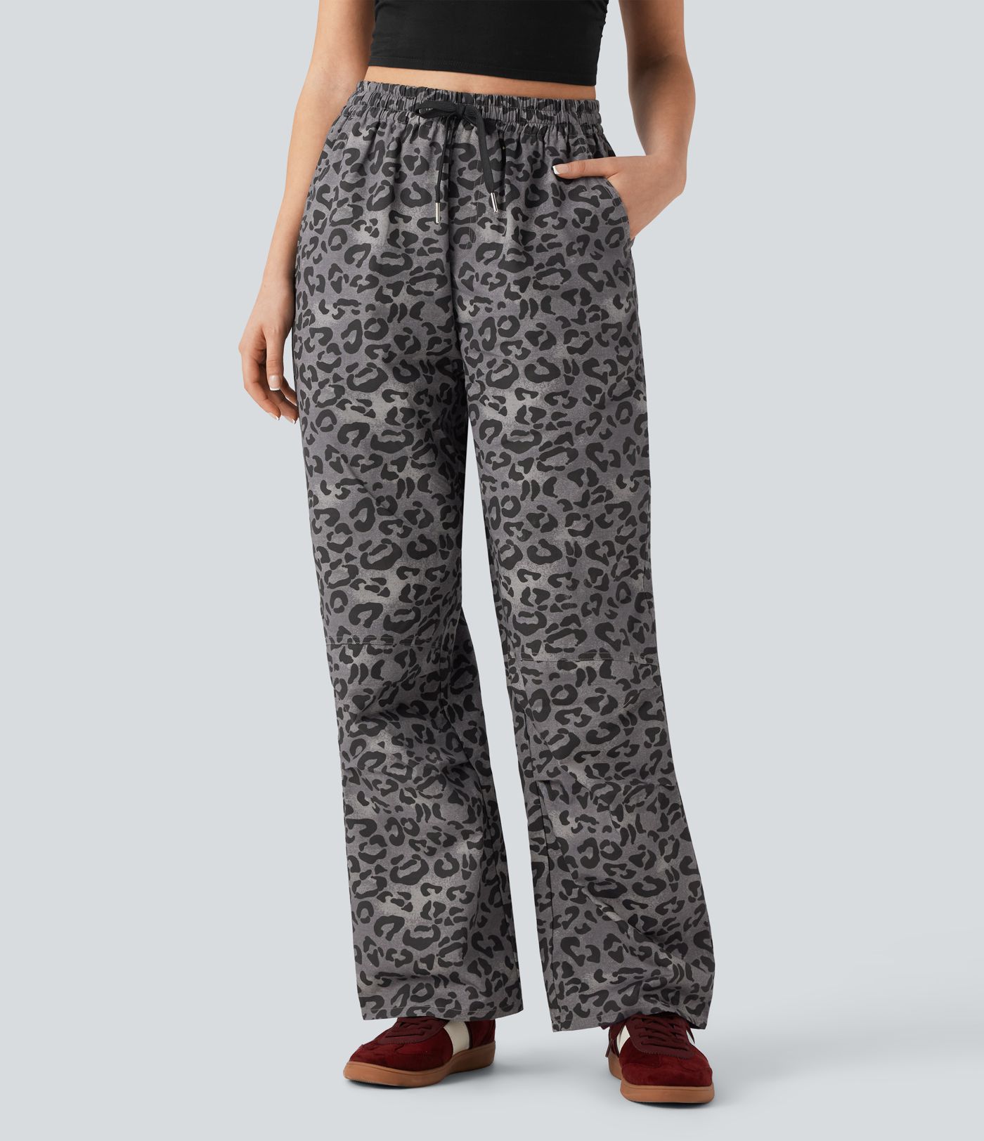 High Waisted Drawstring Straight Leg Leopard Print Casual Pants with Pockets