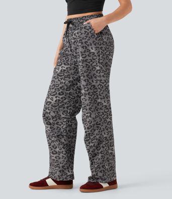 High Waisted Drawstring Straight Leg Leopard Print Casual Pants with Pockets