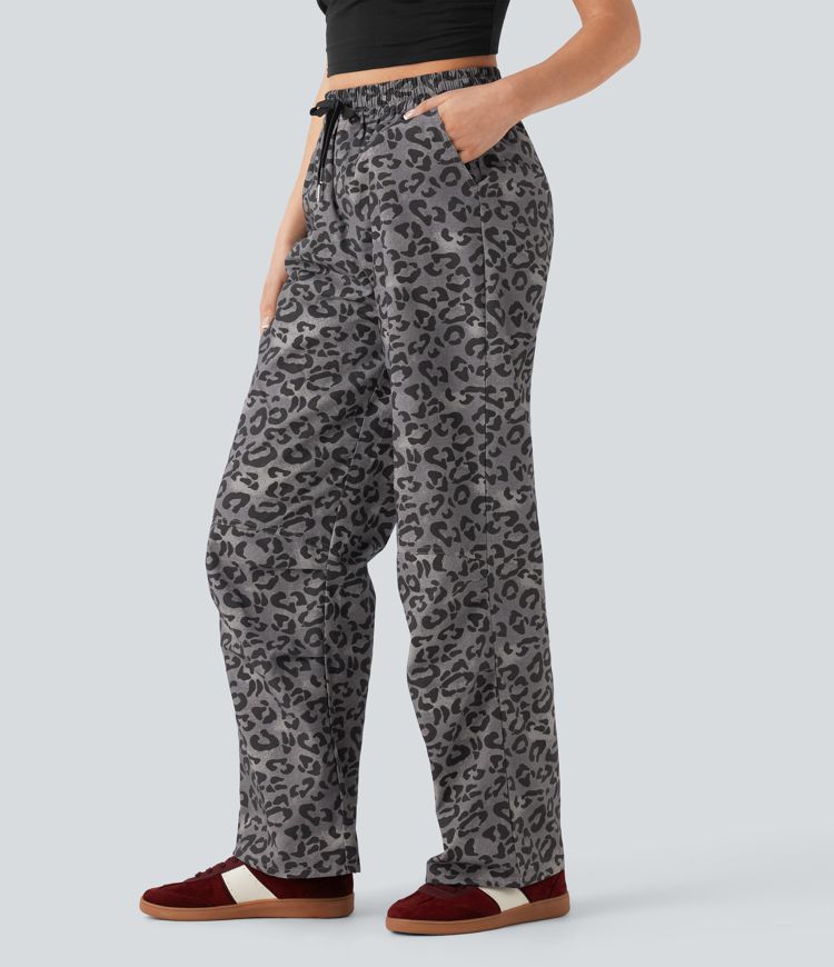High Waisted Drawstring Straight Leg Leopard Print Casual Pants with Pockets