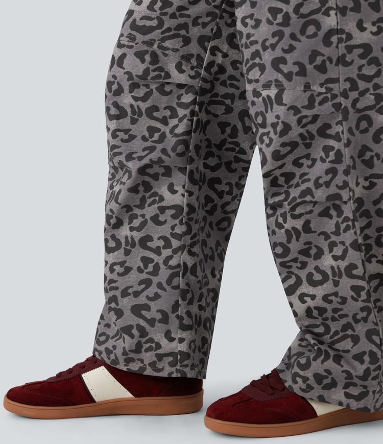 High Waisted Drawstring Straight Leg Leopard Print Casual Pants with Pockets