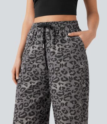 High Waisted Drawstring Straight Leg Leopard Print Casual Pants with Pockets