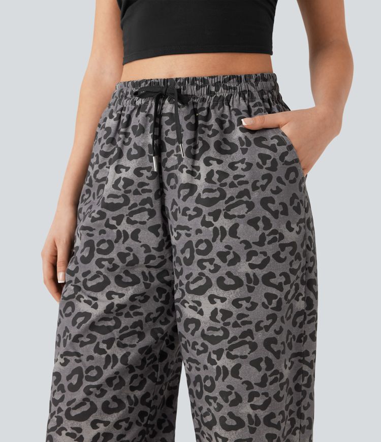 High Waisted Drawstring Straight Leg Leopard Print Casual Pants with Pockets