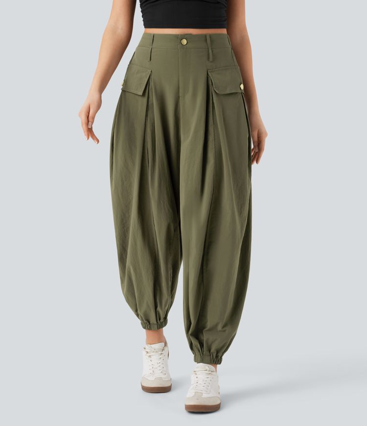High Waisted Flap Pockets Casual Cargo Joggers