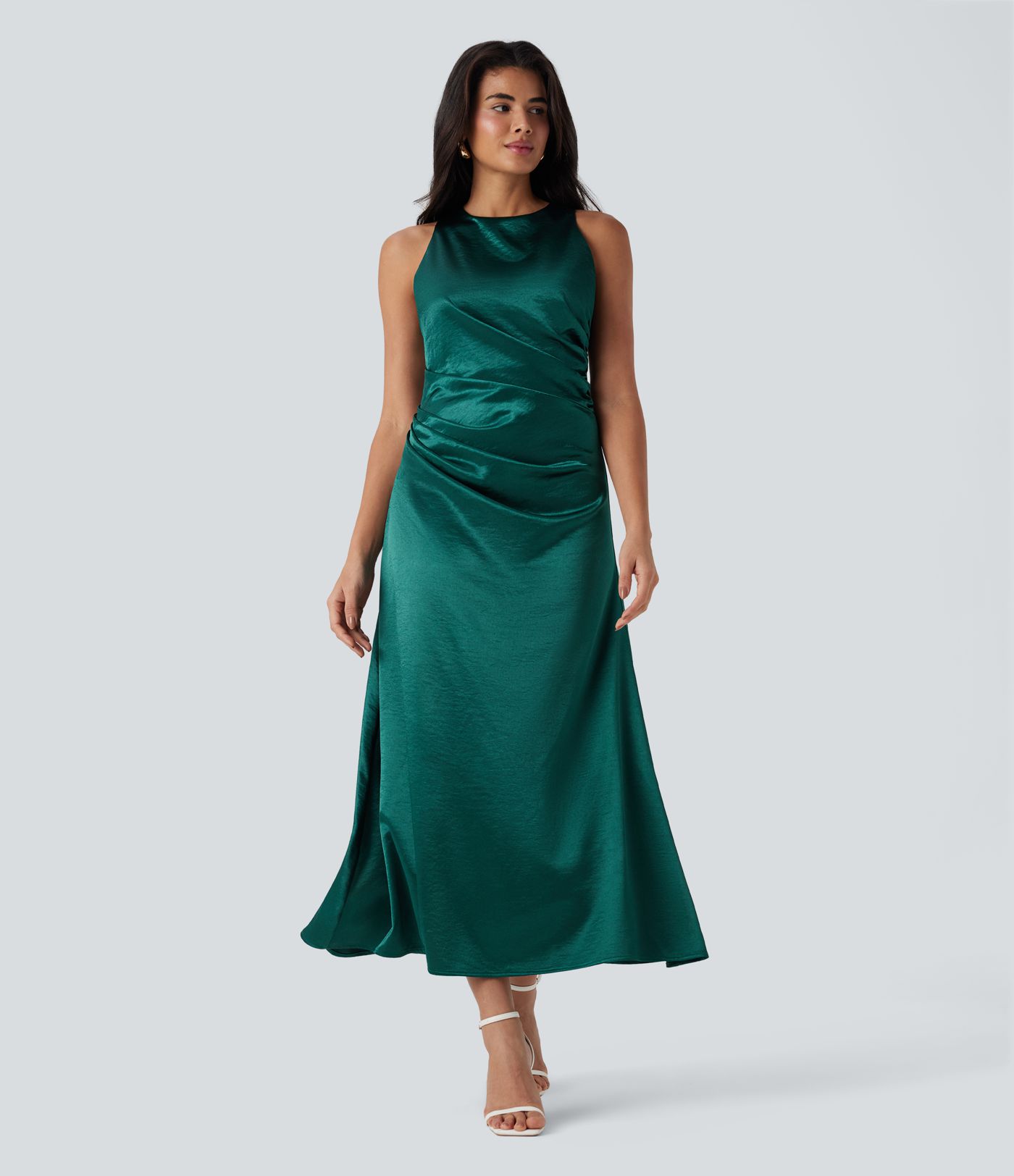 Vestido maxi satén fruncido sin espalda lazo cremallera invisible dama honor invitada boda