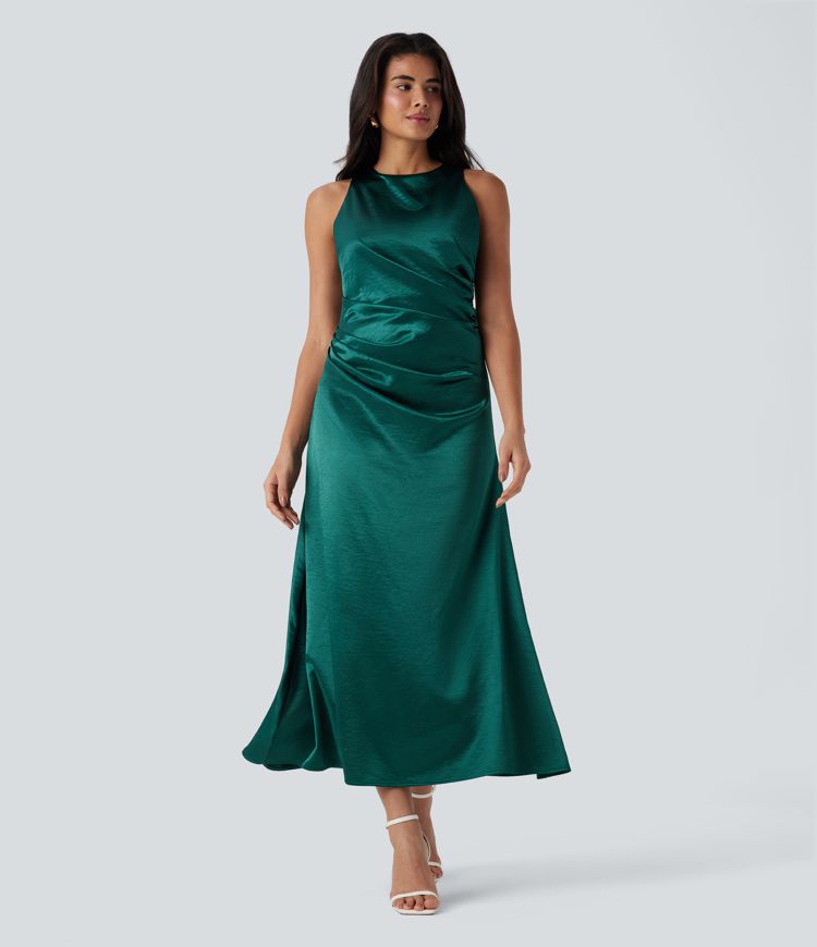 Vestido maxi satén fruncido sin espalda lazo cremallera invisible dama honor invitada boda