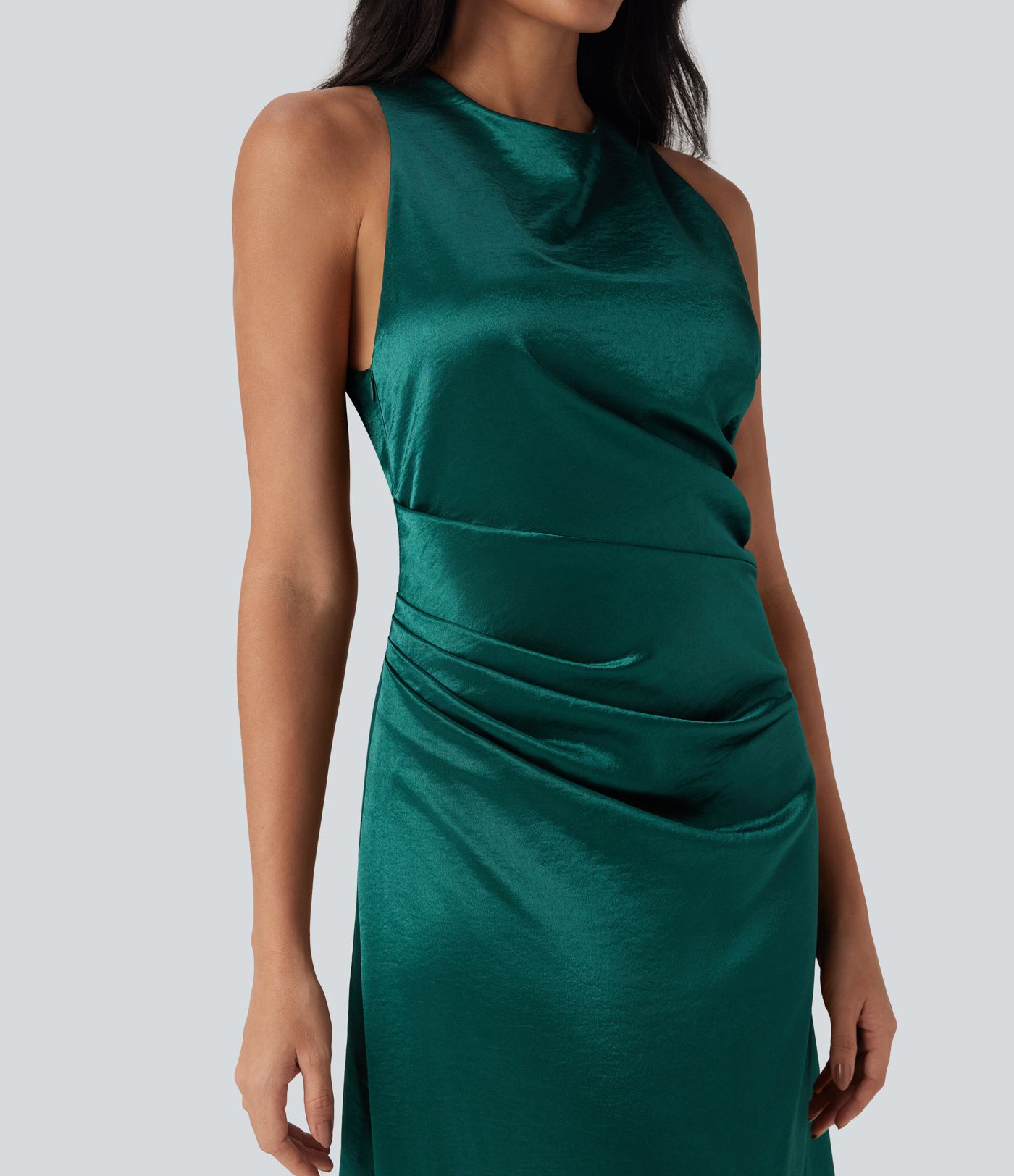 Vestido maxi satén fruncido sin espalda lazo cremallera invisible dama honor invitada boda