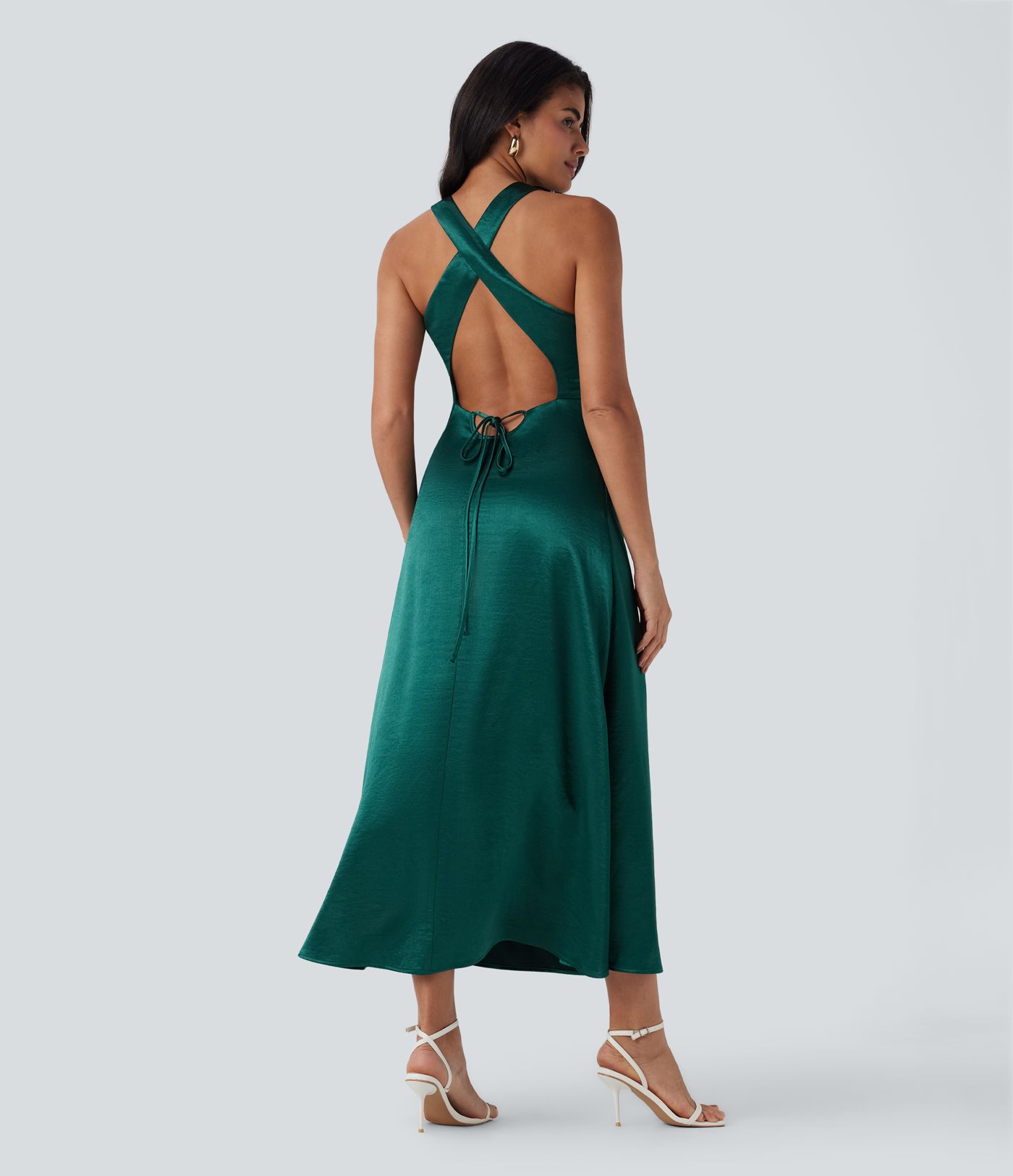 Vestido maxi satén fruncido sin espalda lazo cremallera invisible dama honor invitada boda