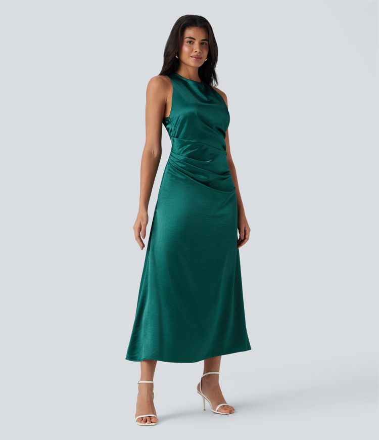 Vestido maxi satén fruncido sin espalda lazo cremallera invisible dama honor invitada boda